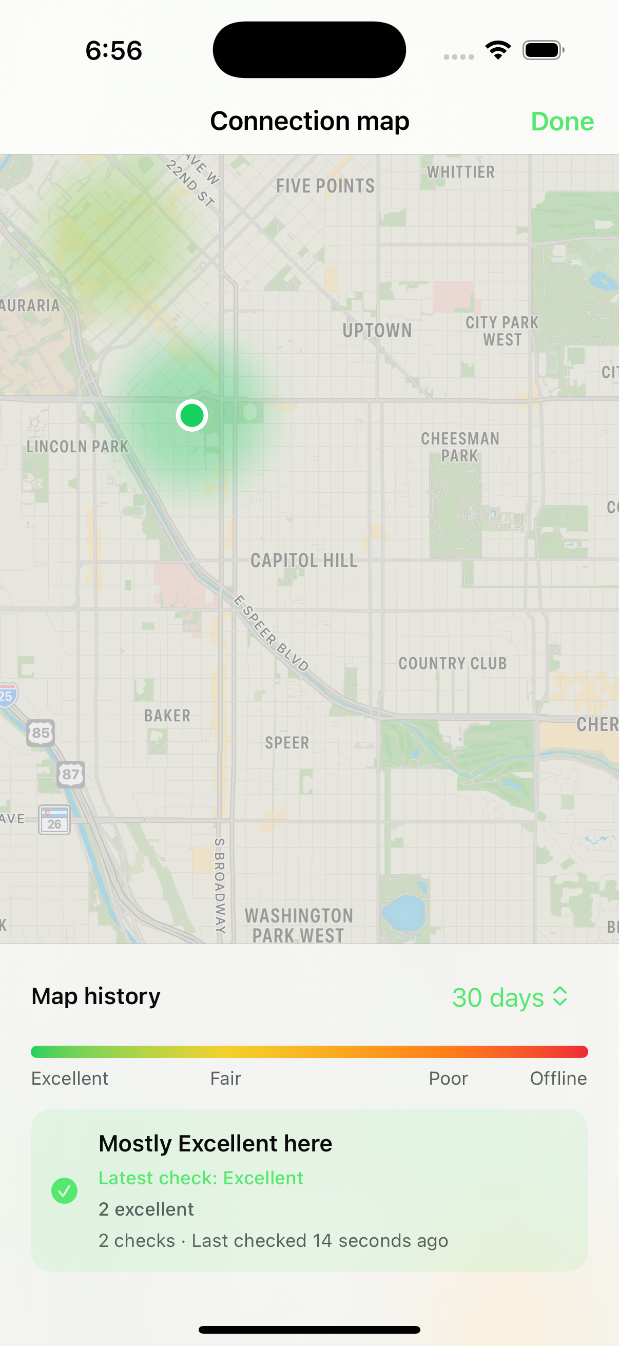 Healthy Network private Connection map showing recorded Excellent, Fair, Poor, and Offline areas with a selected place's latest result and sample count.