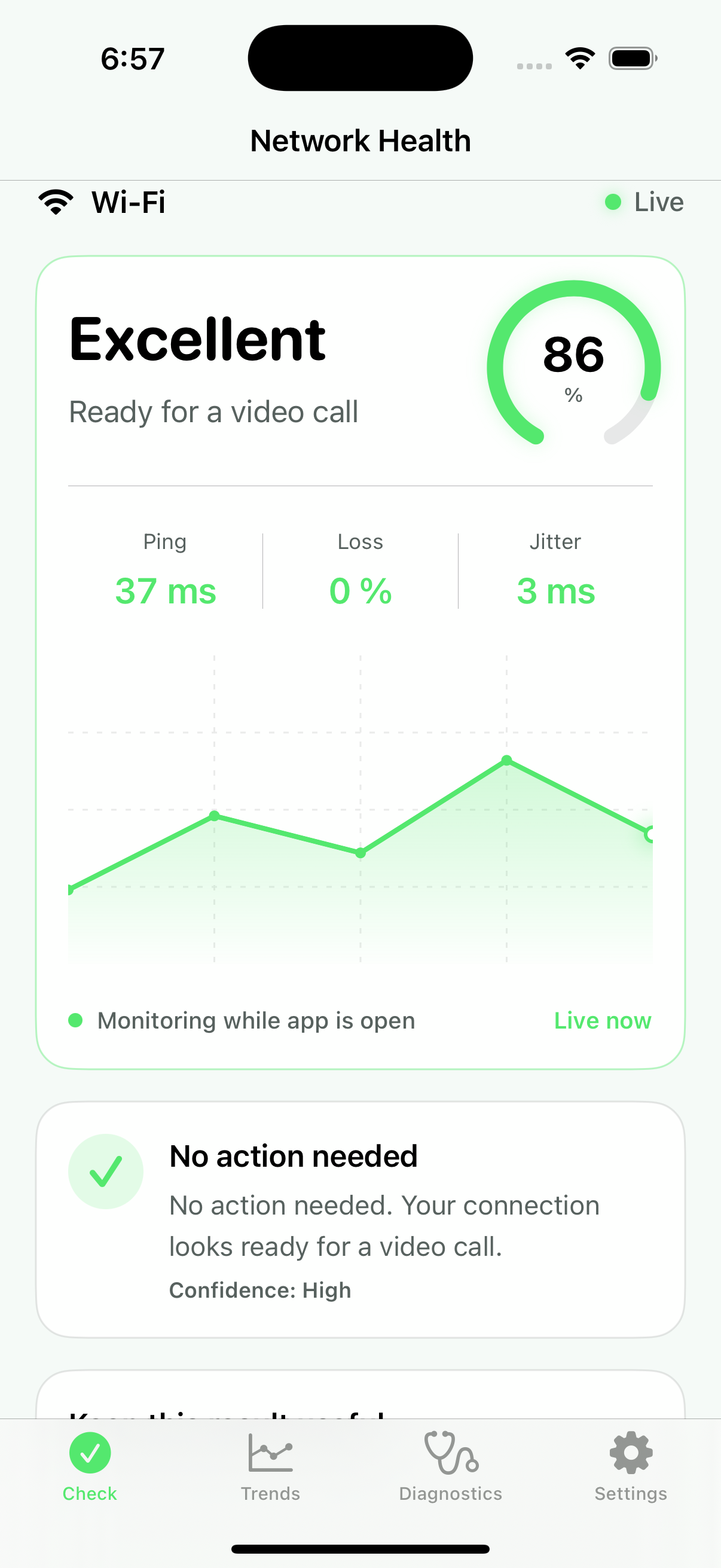 Healthy Network current check showing an Excellent result with latency, jitter, packet loss, confidence, and one practical next step.