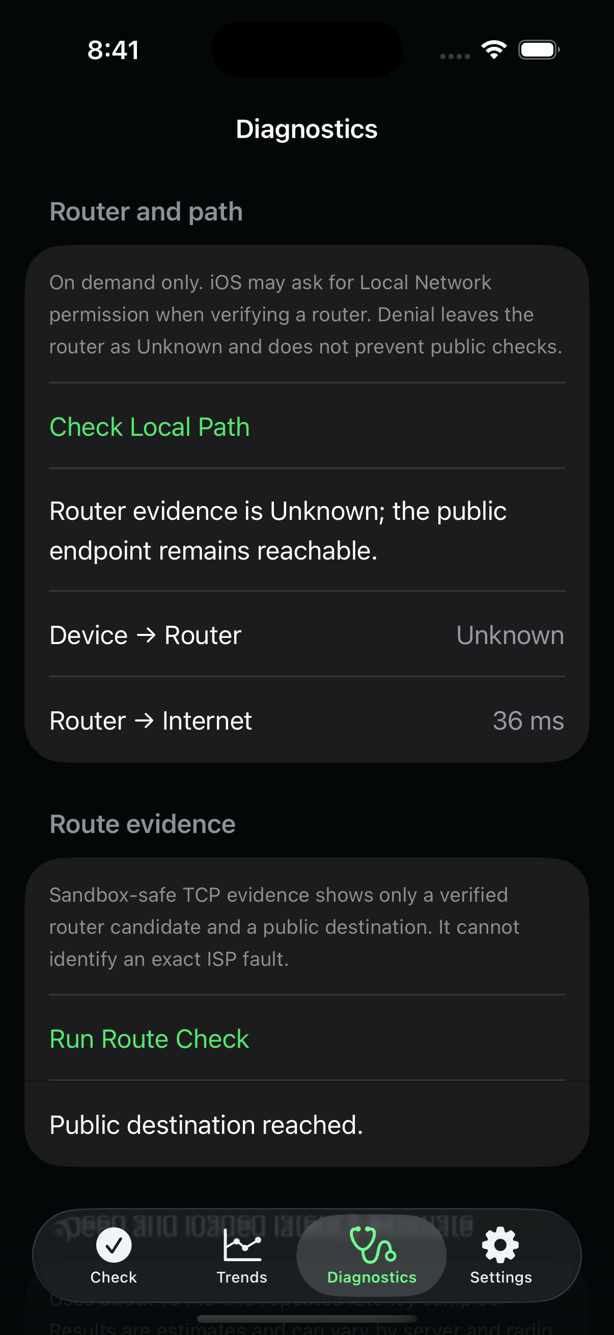 Healthy Network Diagnostics showing device-to-router evidence as Unknown, the public endpoint reachable, and a clear explanation that exact ISP faults cannot be identified.