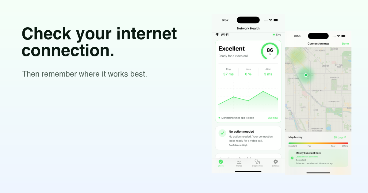 Healthy Network for iPhone showing a current internet connection check and a private connection map.