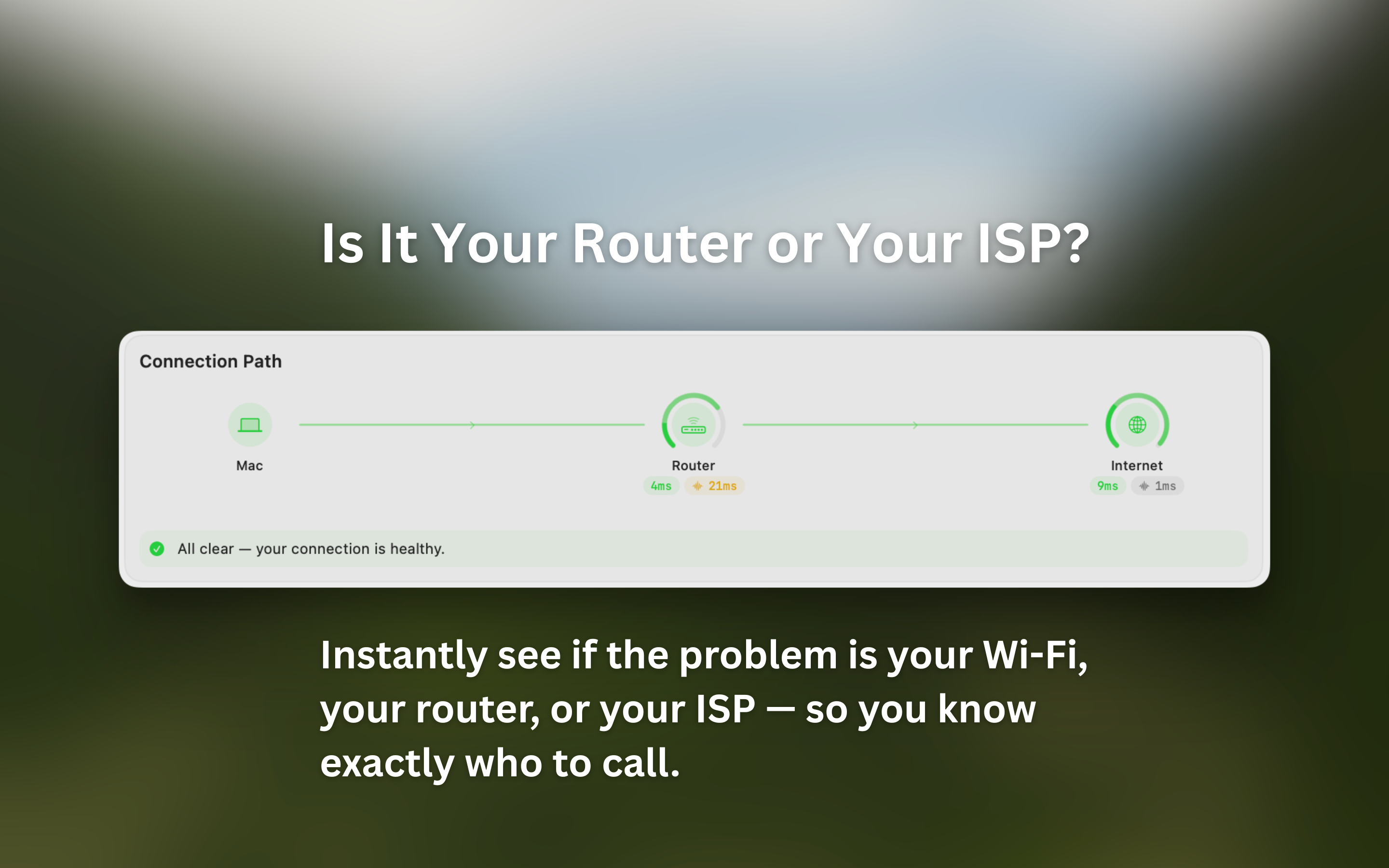 Connection path diagnostic showing Mac to Router to Internet segments
