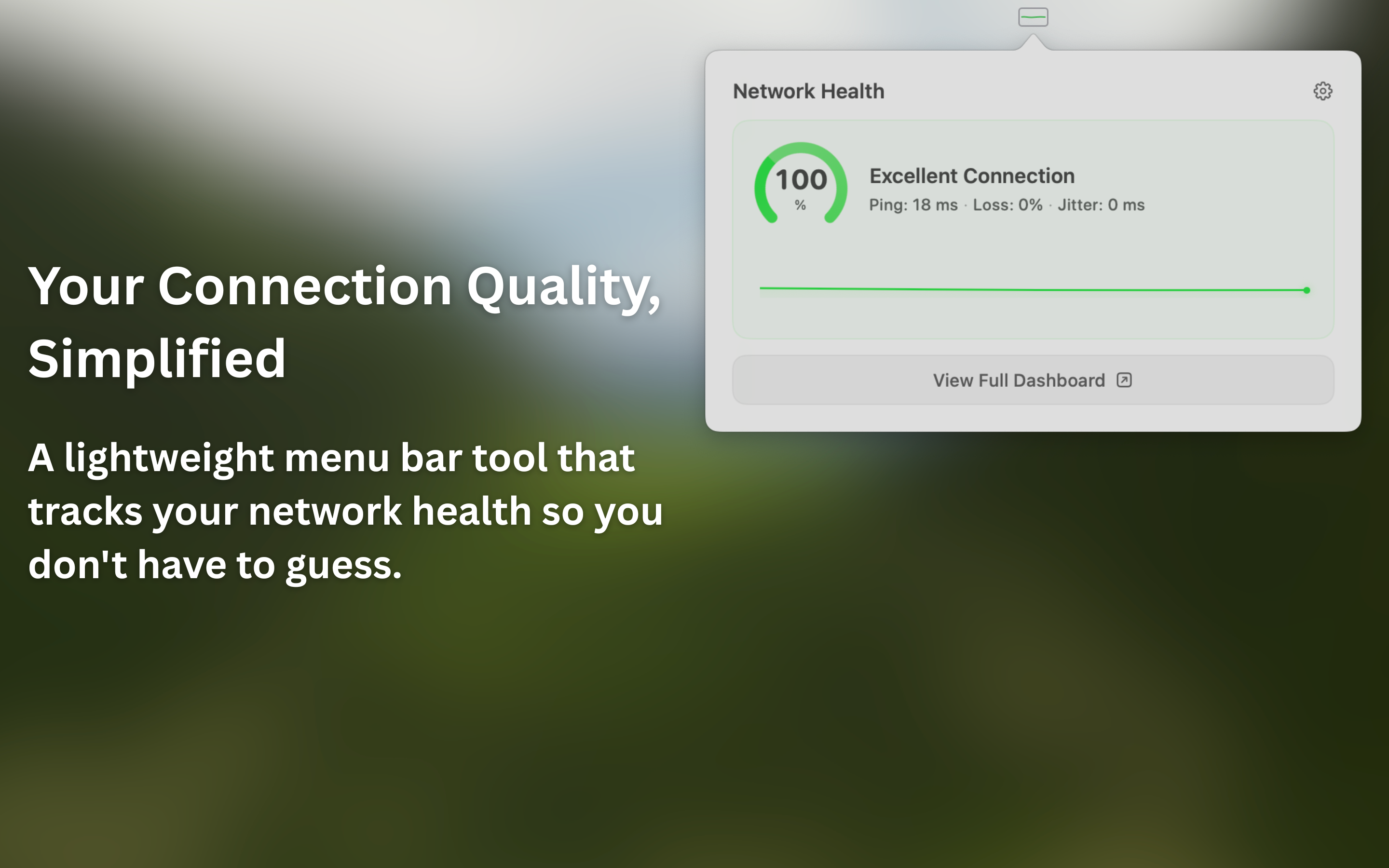 Healthy Network menu bar popover showing 100% connection quality score
