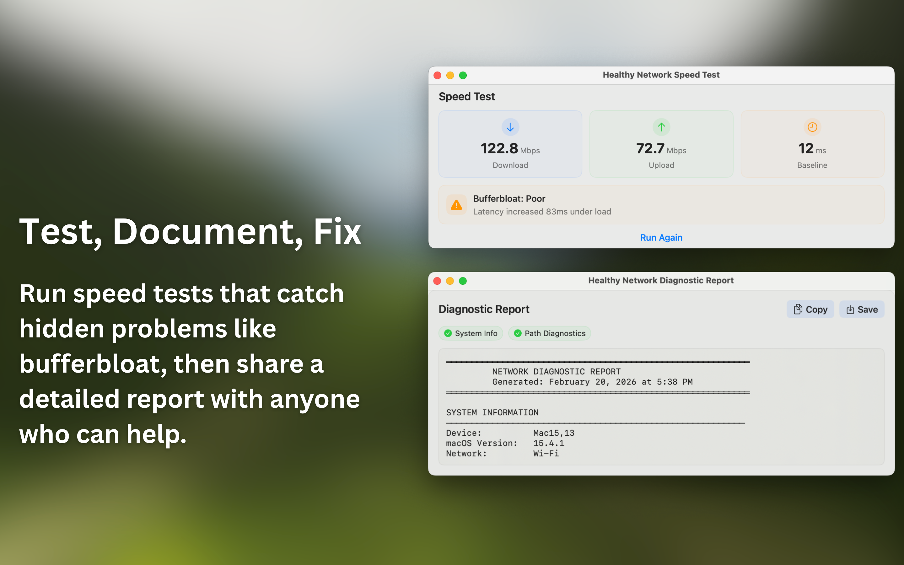 Speed test results with bufferbloat rating and diagnostic report window